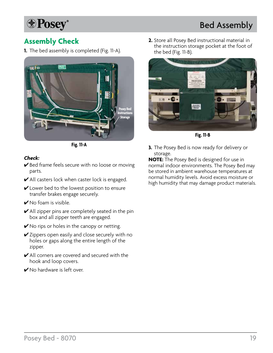 Bed assembly, Assembly check | Posey Bed 8070 User Manual | Page 19 / 24