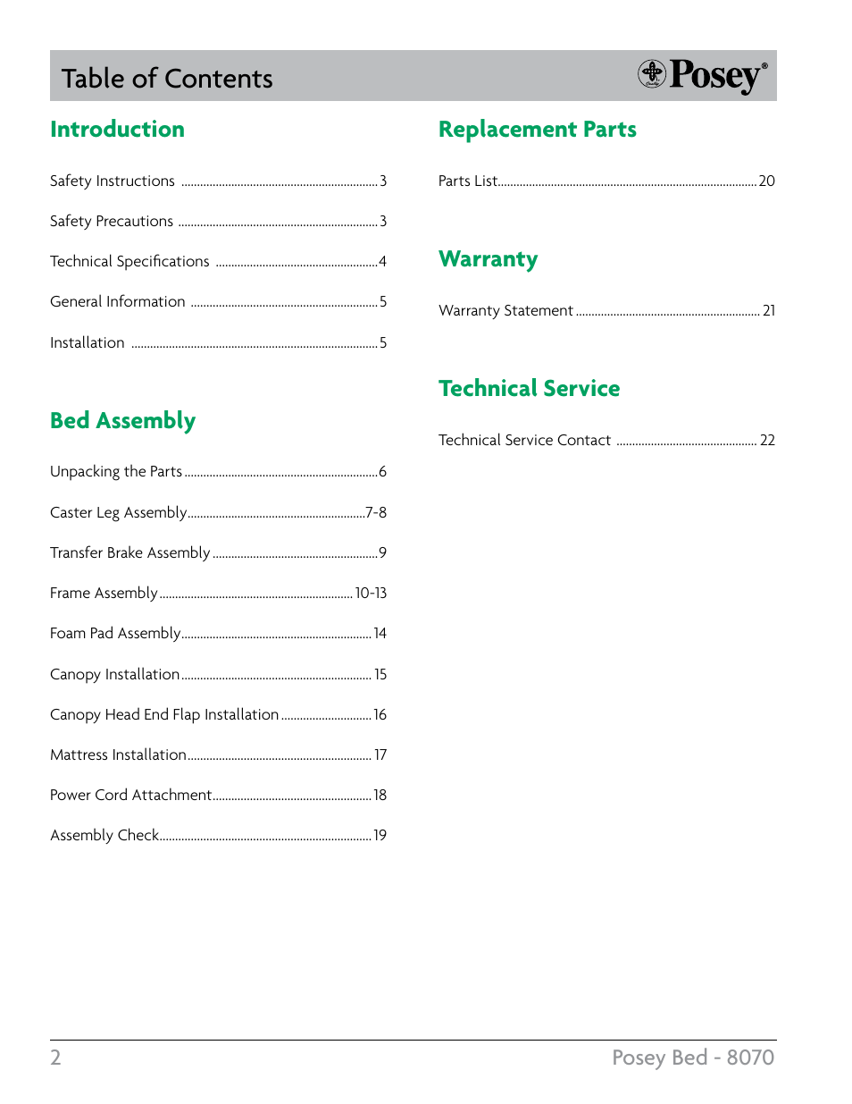 Posey Bed 8070 User Manual | Page 2 / 24