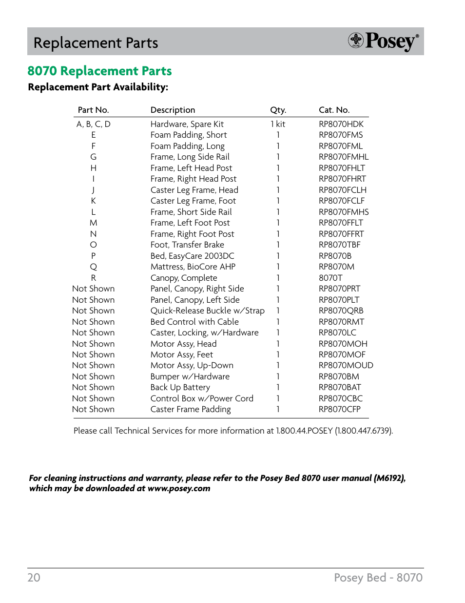 Replacement parts, 8070 replacement parts | Posey Bed 8070 User Manual | Page 20 / 24