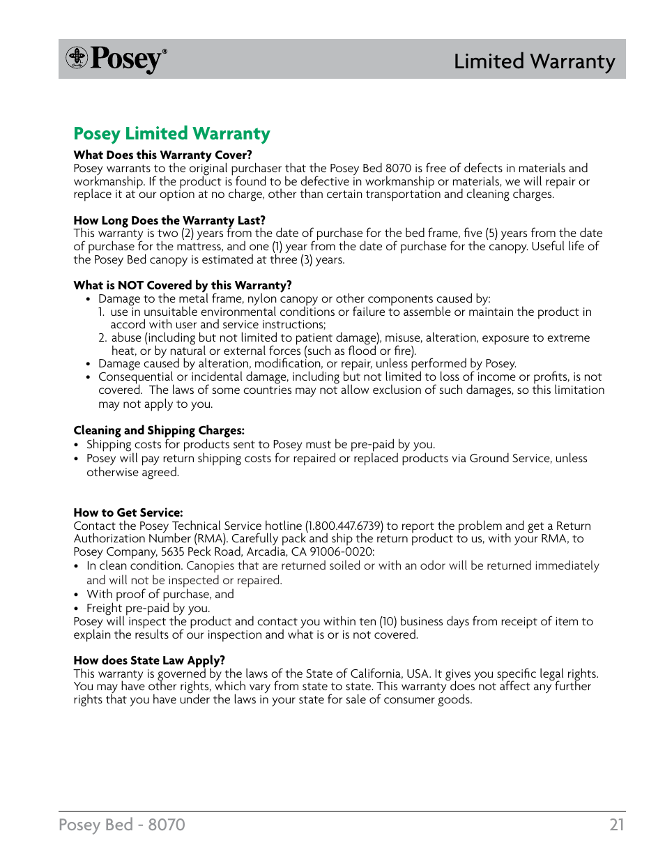 Limited warranty, Posey limited warranty | Posey Bed 8070 User Manual | Page 21 / 24