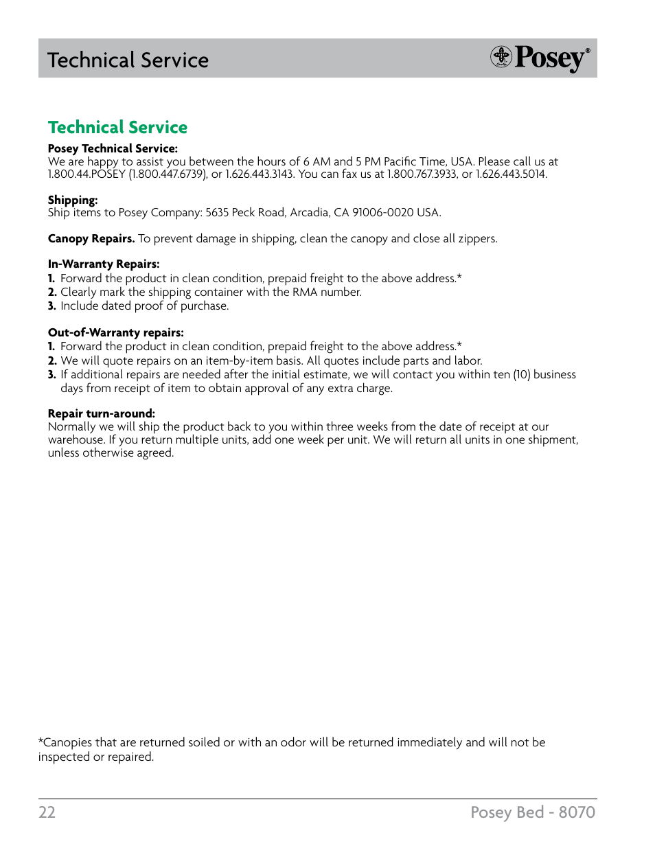 Technical service | Posey Bed 8070 User Manual | Page 22 / 24