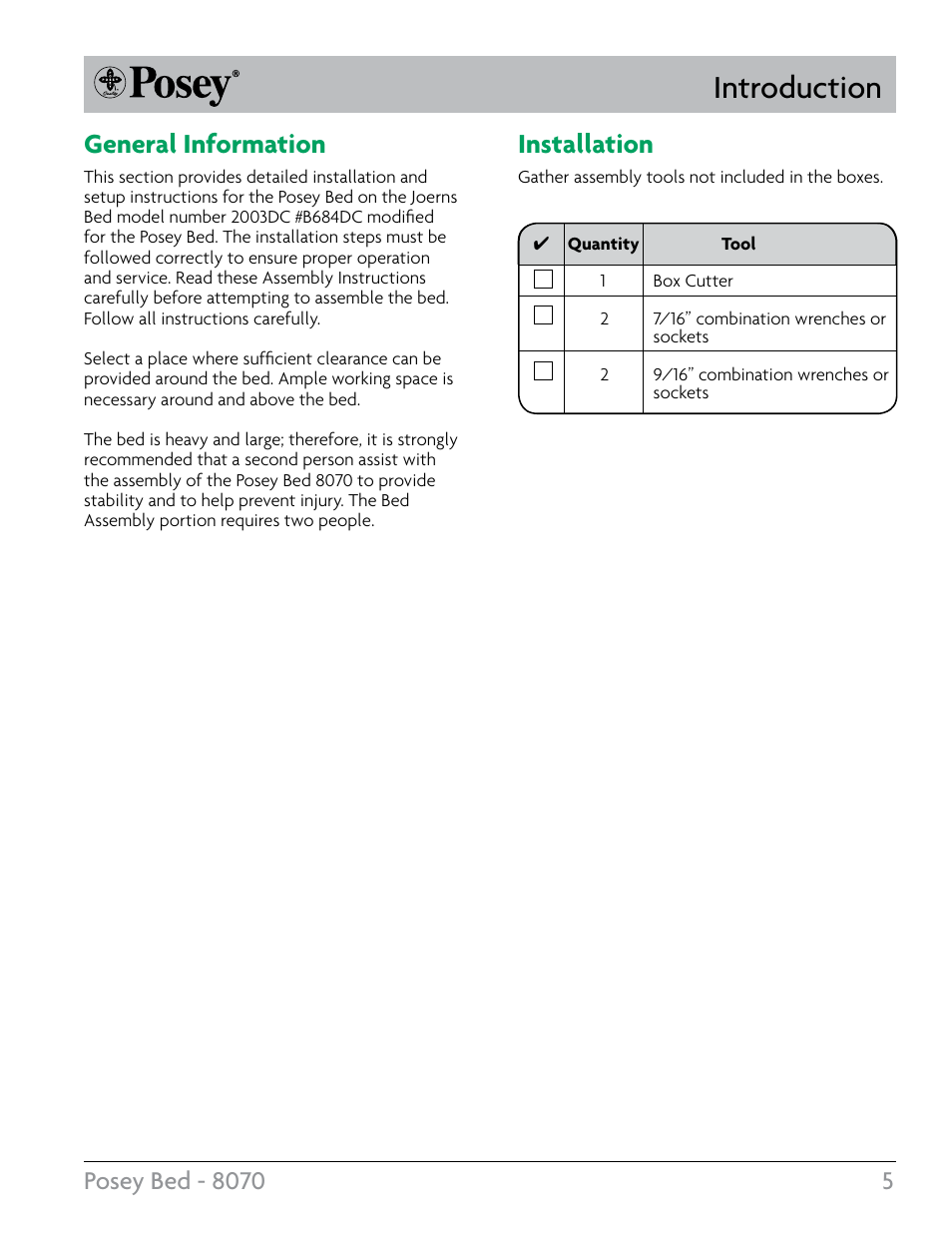 Introduction, Installation, General information | Posey Bed 8070 User Manual | Page 5 / 24