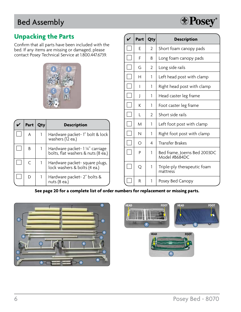 Bed assembly, Unpacking the parts | Posey Bed 8070 User Manual | Page 6 / 24