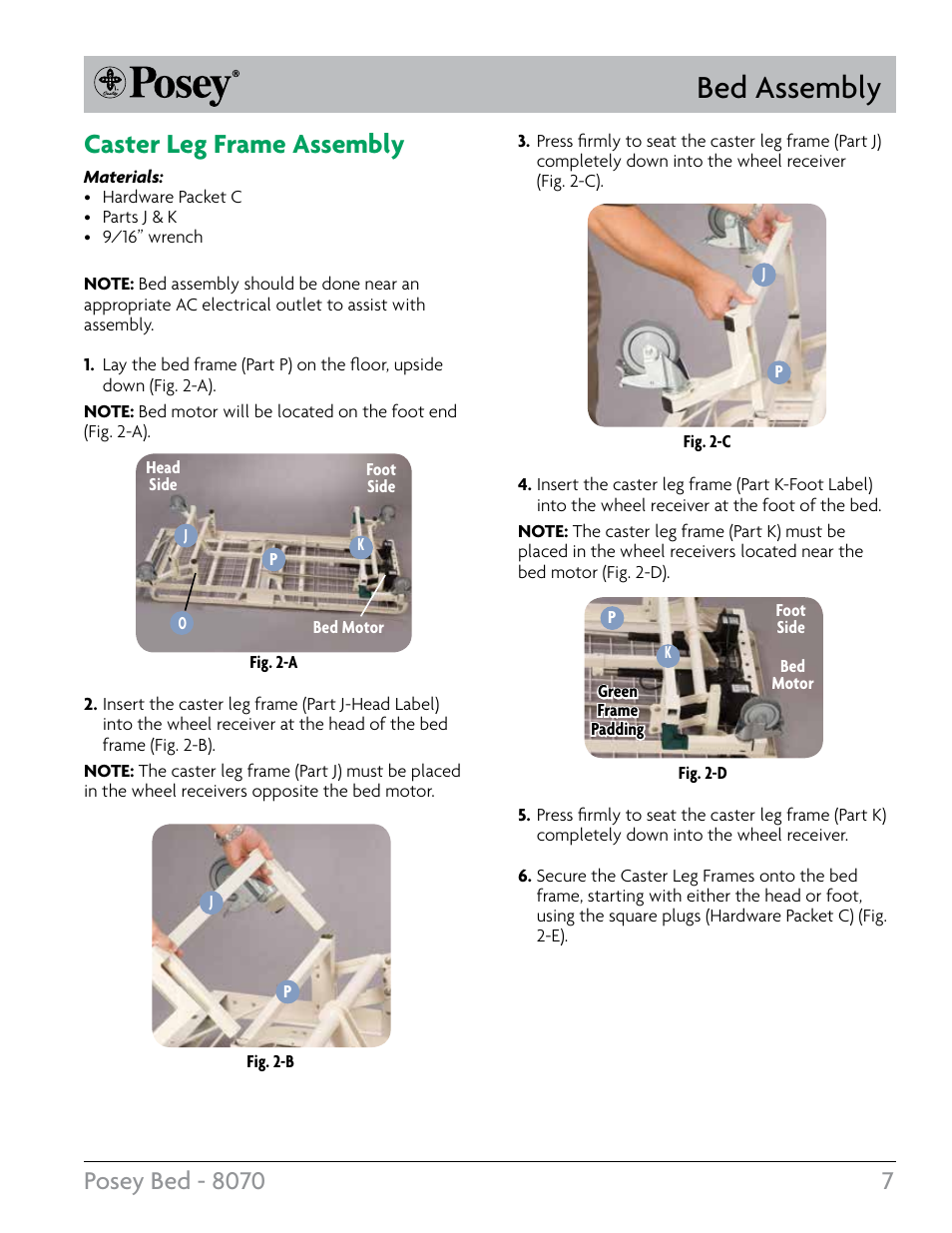 Bed assembly, Caster leg frame assembly | Posey Bed 8070 User Manual | Page 7 / 24