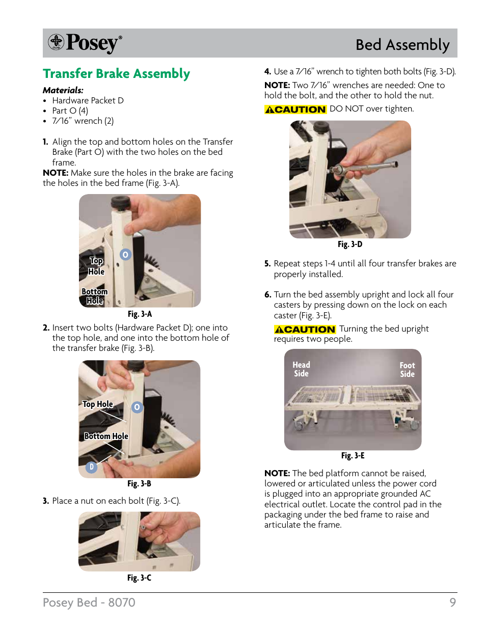 Bed assembly, Transfer brake assembly | Posey Bed 8070 User Manual | Page 9 / 24