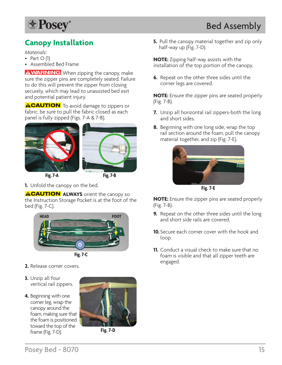 Bed assembly, Canopy installation | Posey Bed 8070 User Manual | Page 15 / 28