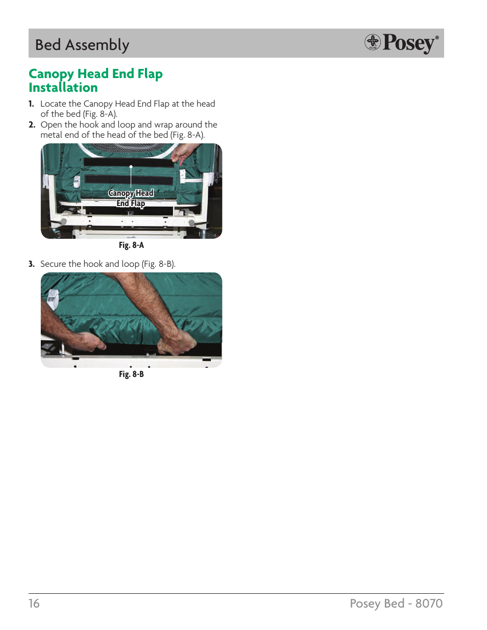 Bed assembly, Canopy head end flap installation | Posey Bed 8070 User Manual | Page 16 / 28