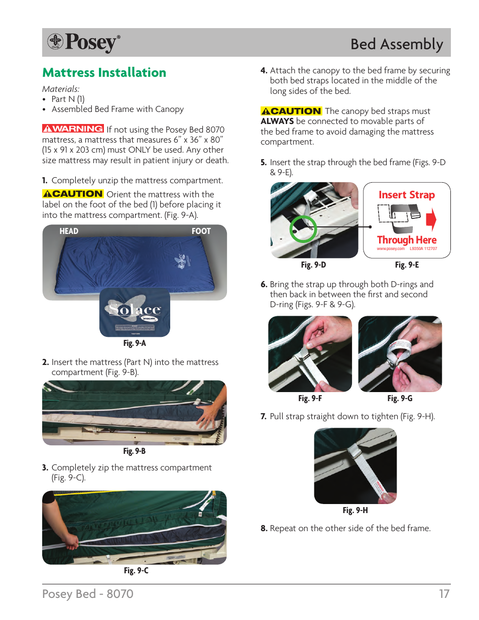 Bed assembly, Mattress installation, Insert strap through here | Posey Bed 8070 User Manual | Page 17 / 28