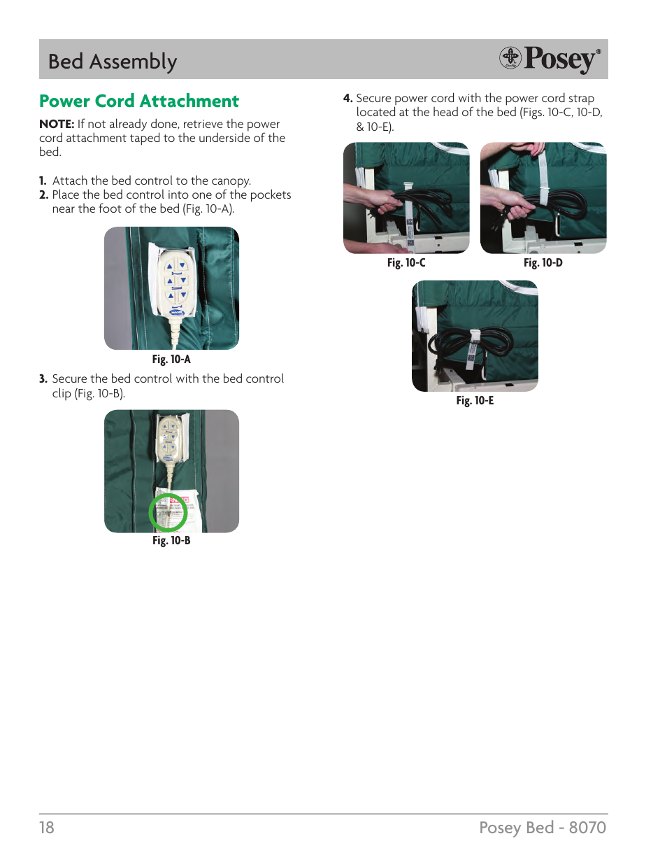 Bed assembly, Power cord attachment | Posey Bed 8070 User Manual | Page 18 / 28