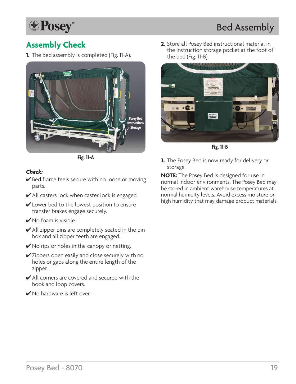 Bed assembly, Assembly check | Posey Bed 8070 User Manual | Page 19 / 28