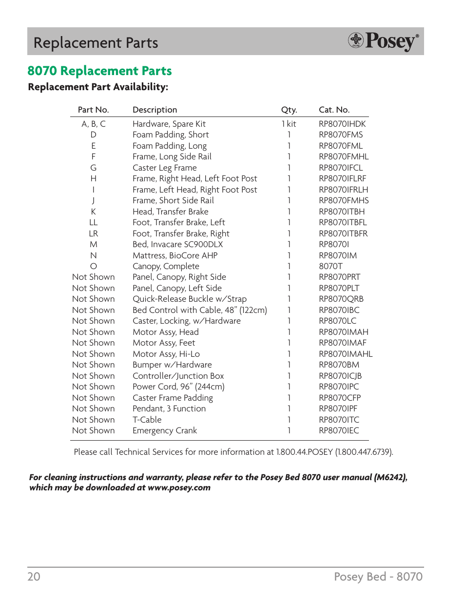 Replacement parts, 8070 replacement parts | Posey Bed 8070 User Manual | Page 20 / 28