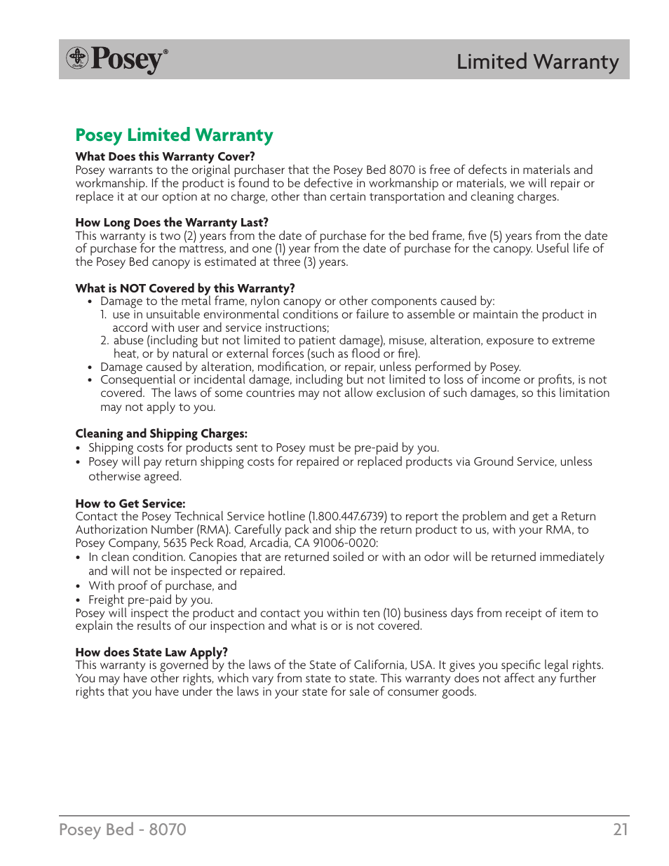 Limited warranty, Posey limited warranty | Posey Bed 8070 User Manual | Page 21 / 28
