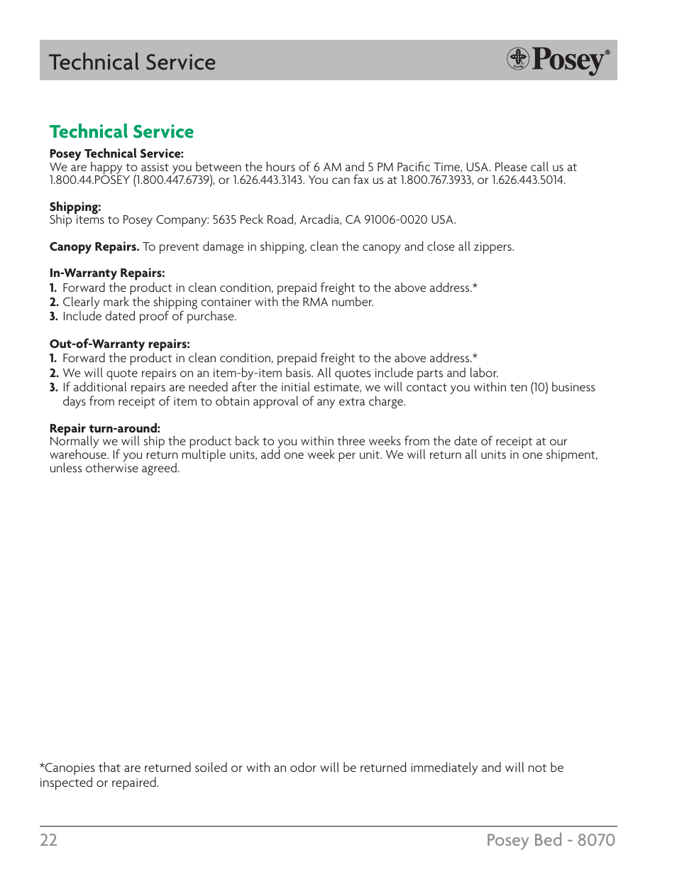 Technical service | Posey Bed 8070 User Manual | Page 22 / 28