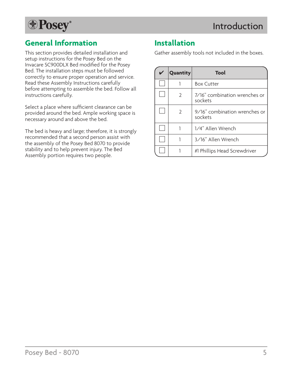 Introduction, Installation, General information | Posey Bed 8070 User Manual | Page 5 / 28