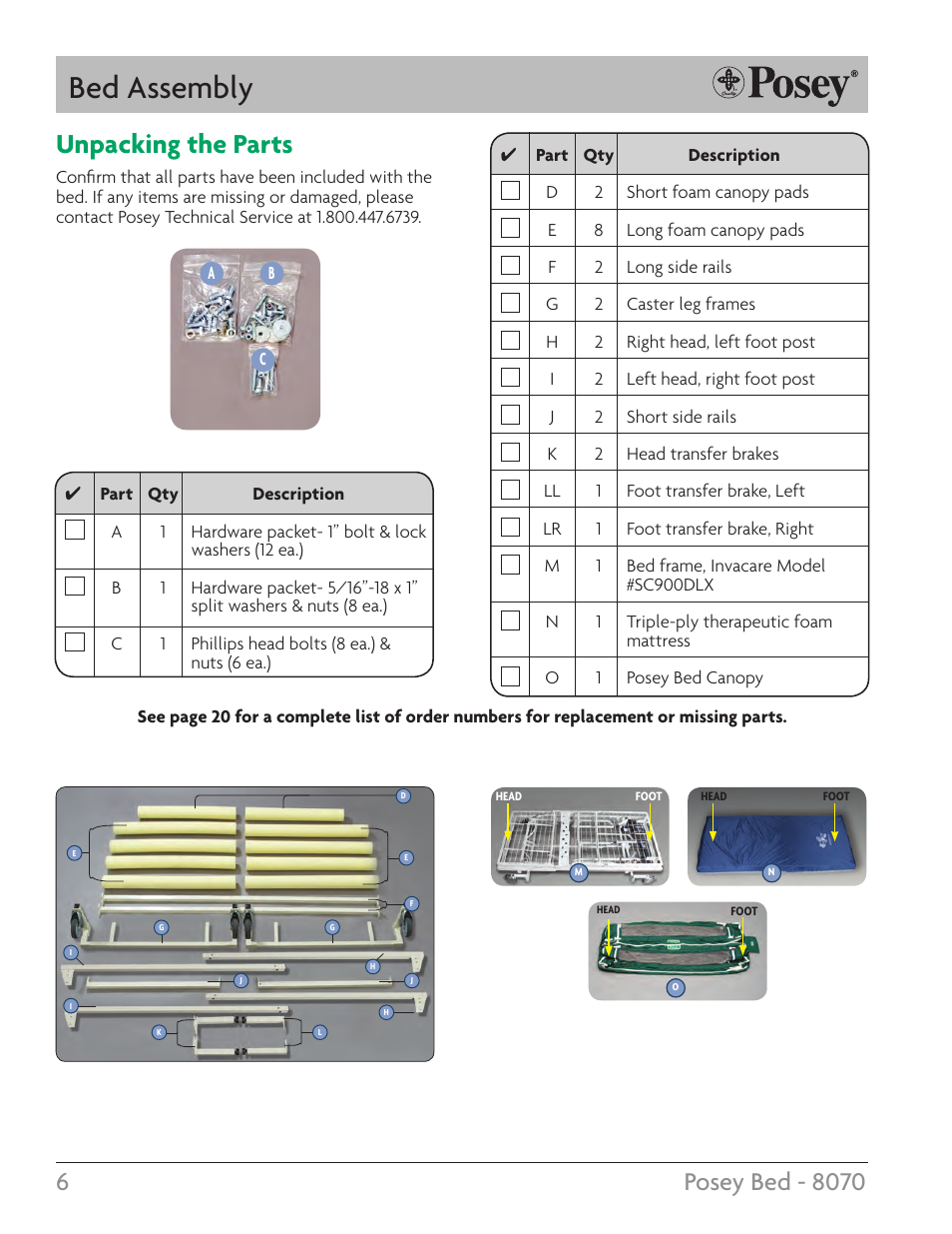 Bed assembly, Unpacking the parts | Posey Bed 8070 User Manual | Page 6 / 28