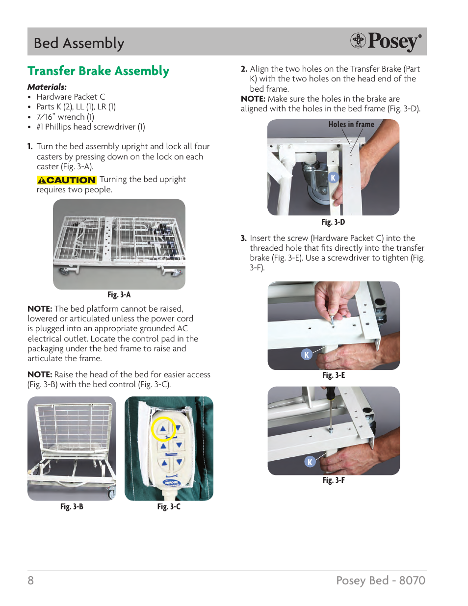 Bed assembly, Transfer brake assembly | Posey Bed 8070 User Manual | Page 8 / 28