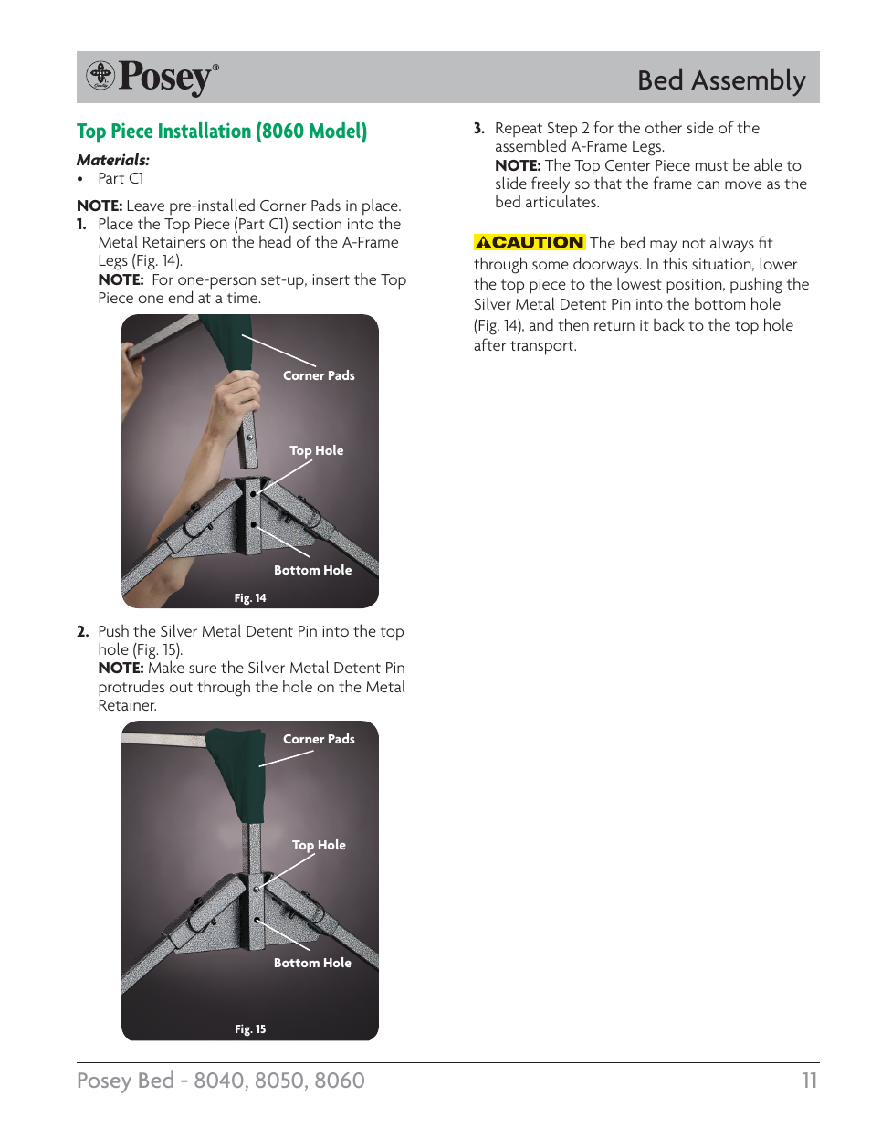 Bed assembly, Top piece installation (8060 model) | Posey Bed 8060 User Manual | Page 11 / 28