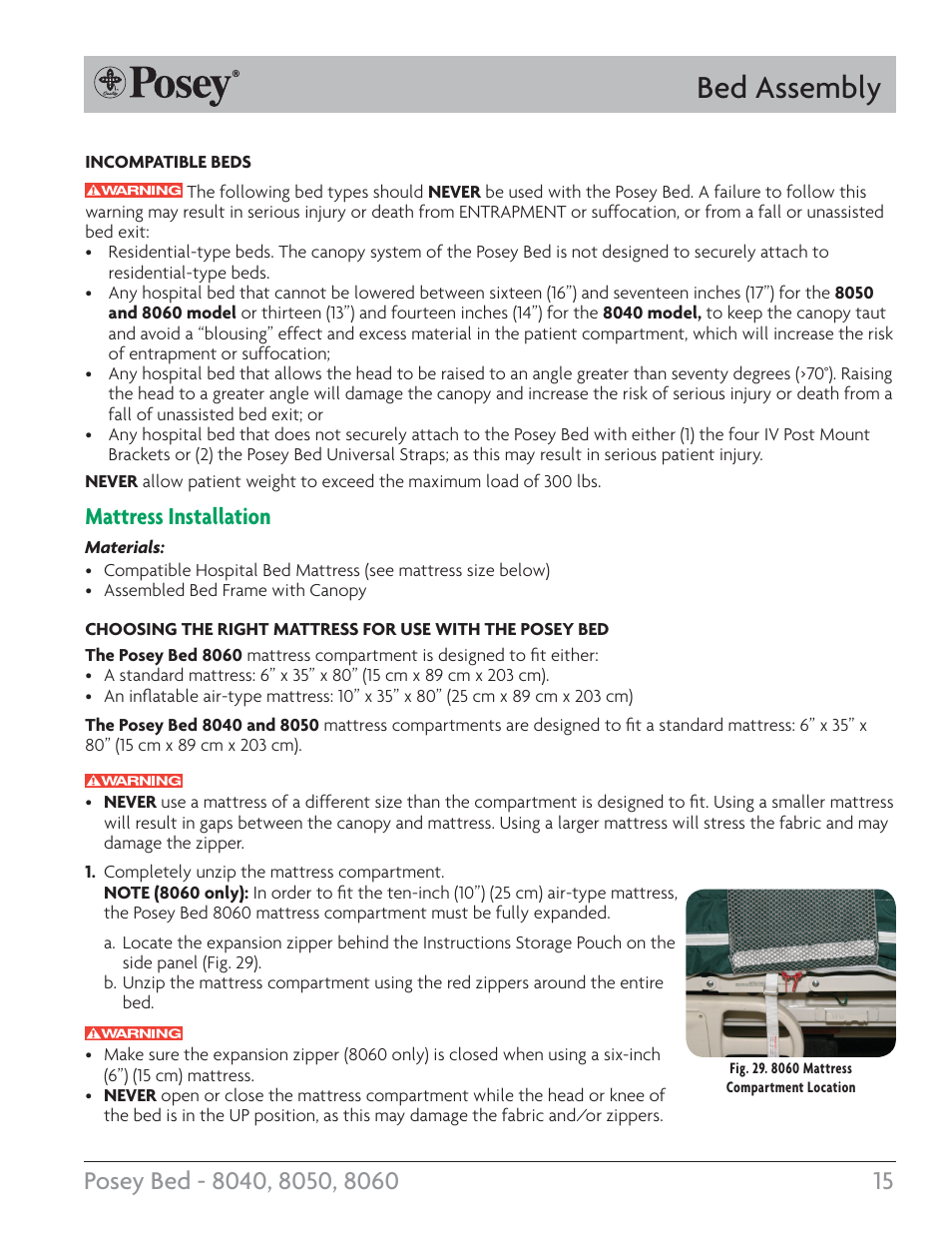 Bed assembly, Mattress installation | Posey Bed 8060 User Manual | Page 15 / 28