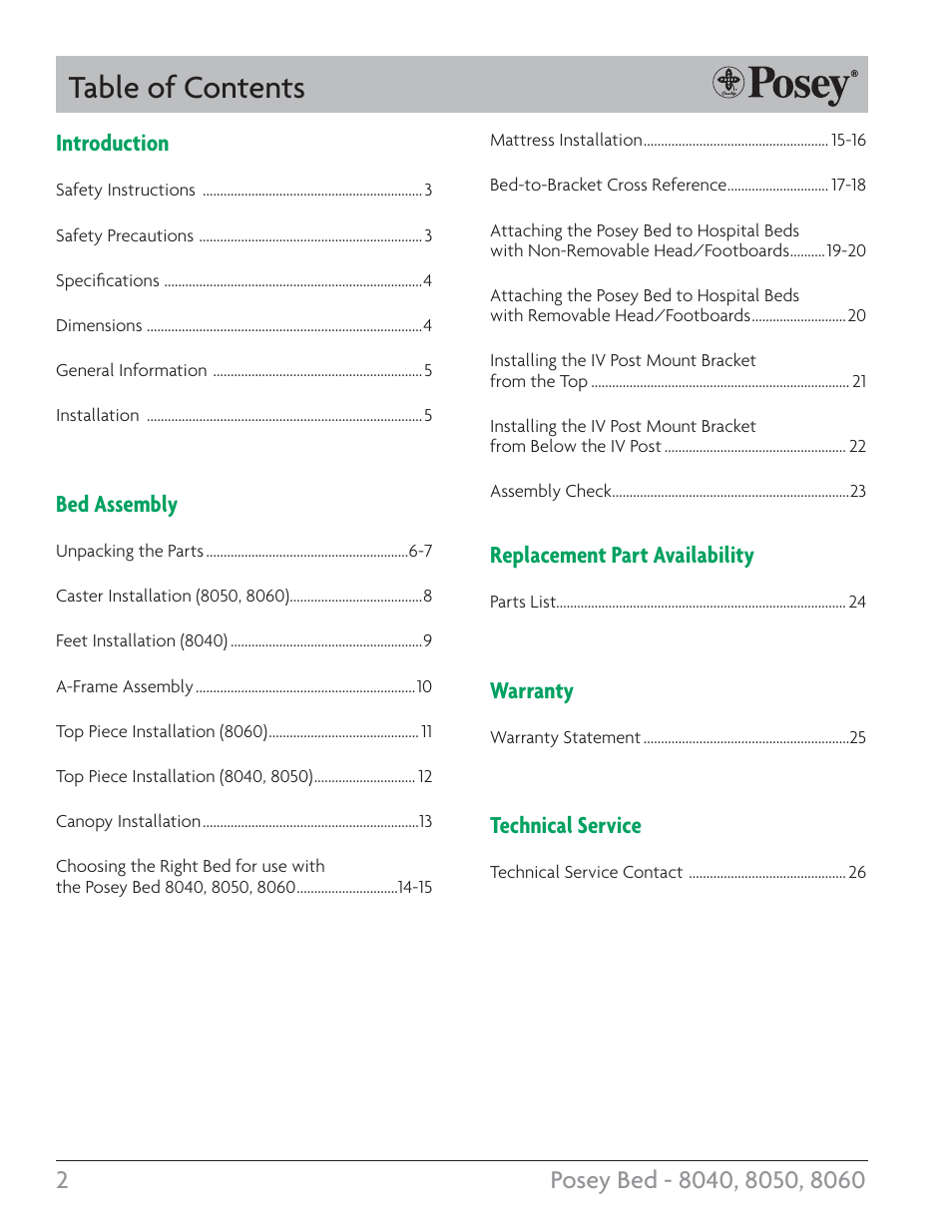 Posey Bed 8060 User Manual | Page 2 / 28