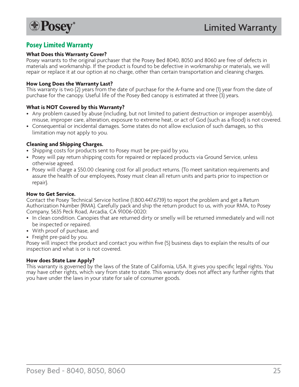 Limited warranty, Posey limited warranty | Posey Bed 8060 User Manual | Page 25 / 28