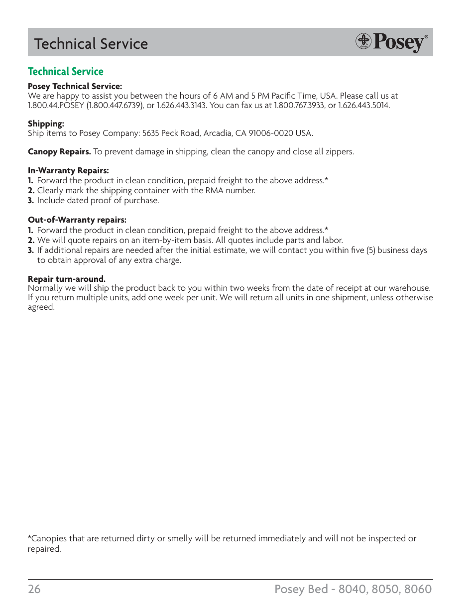 Technical service | Posey Bed 8060 User Manual | Page 26 / 28