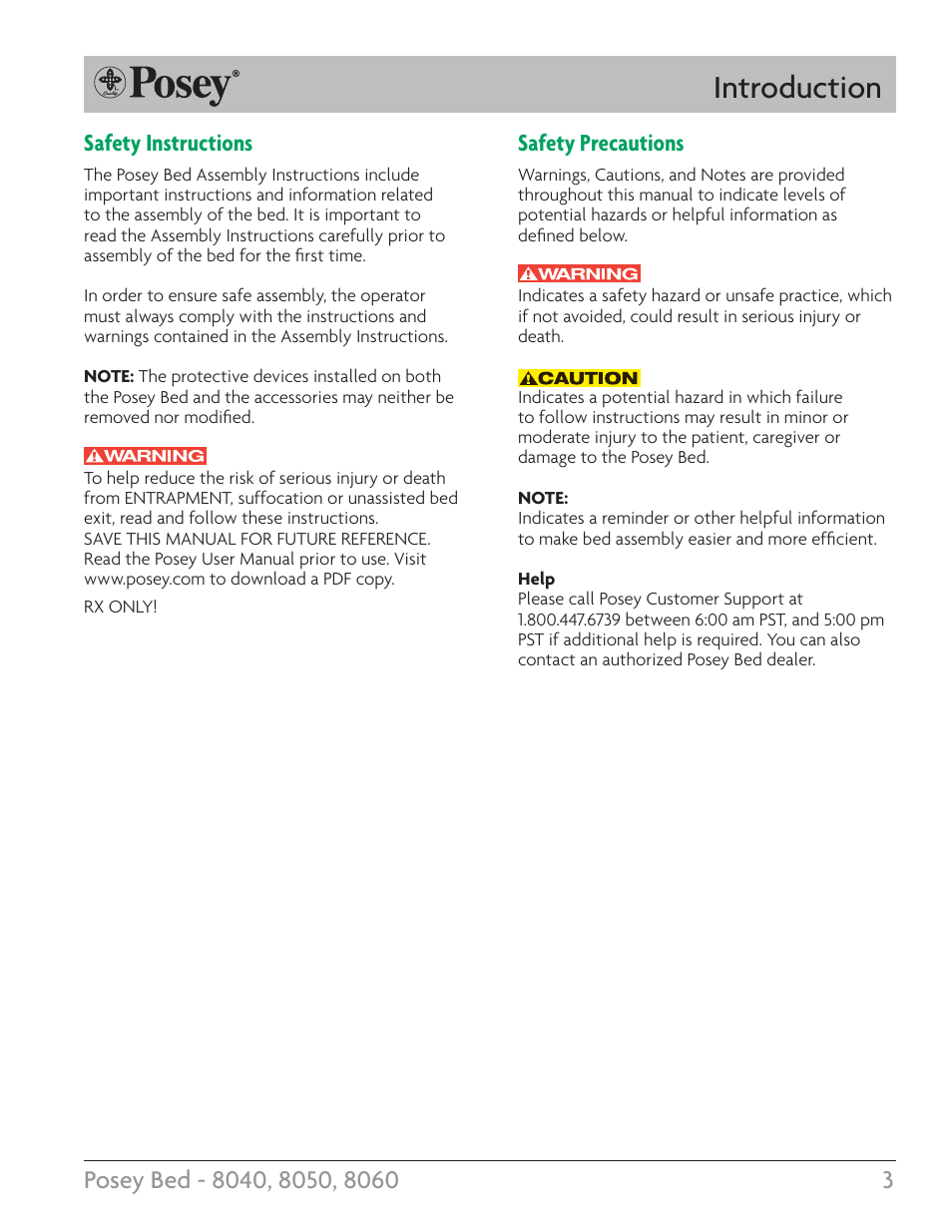 Introduction, Safety precautions, Safety instructions | Posey Bed 8060 User Manual | Page 3 / 28