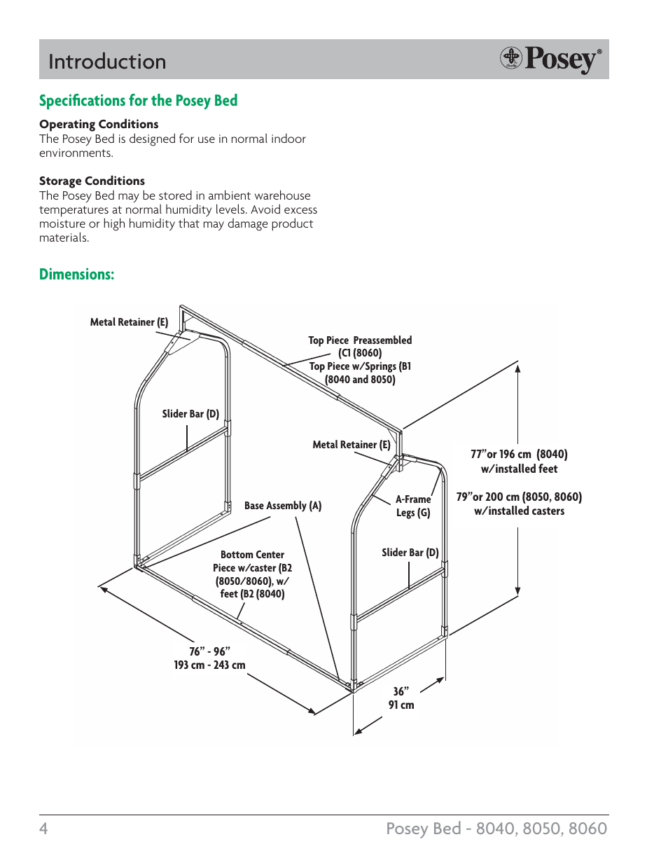 Introduction, Dimensions, Specifications for the posey bed | Posey Bed 8060 User Manual | Page 4 / 28