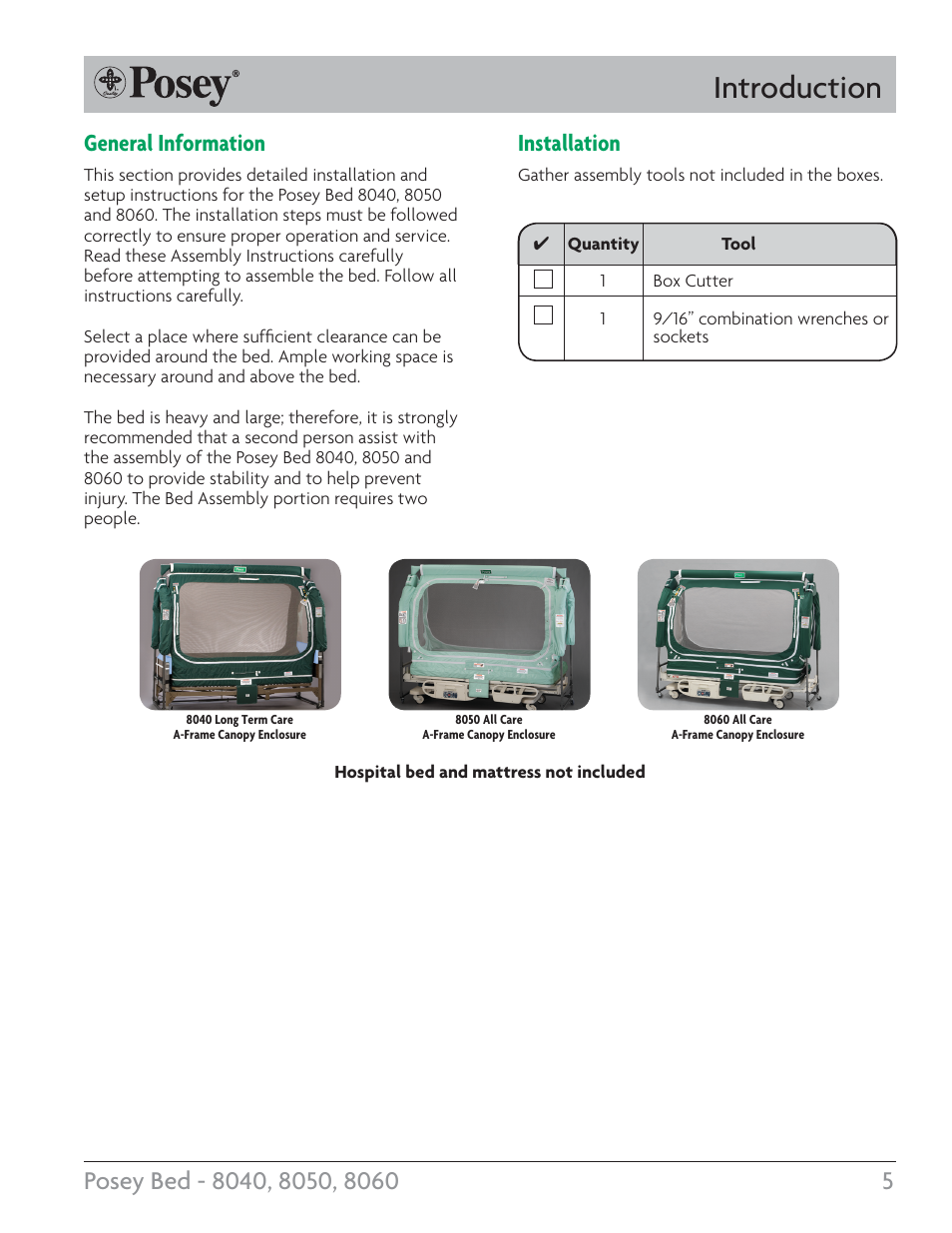 Introduction, Installation, General information | Posey Bed 8060 User Manual | Page 5 / 28