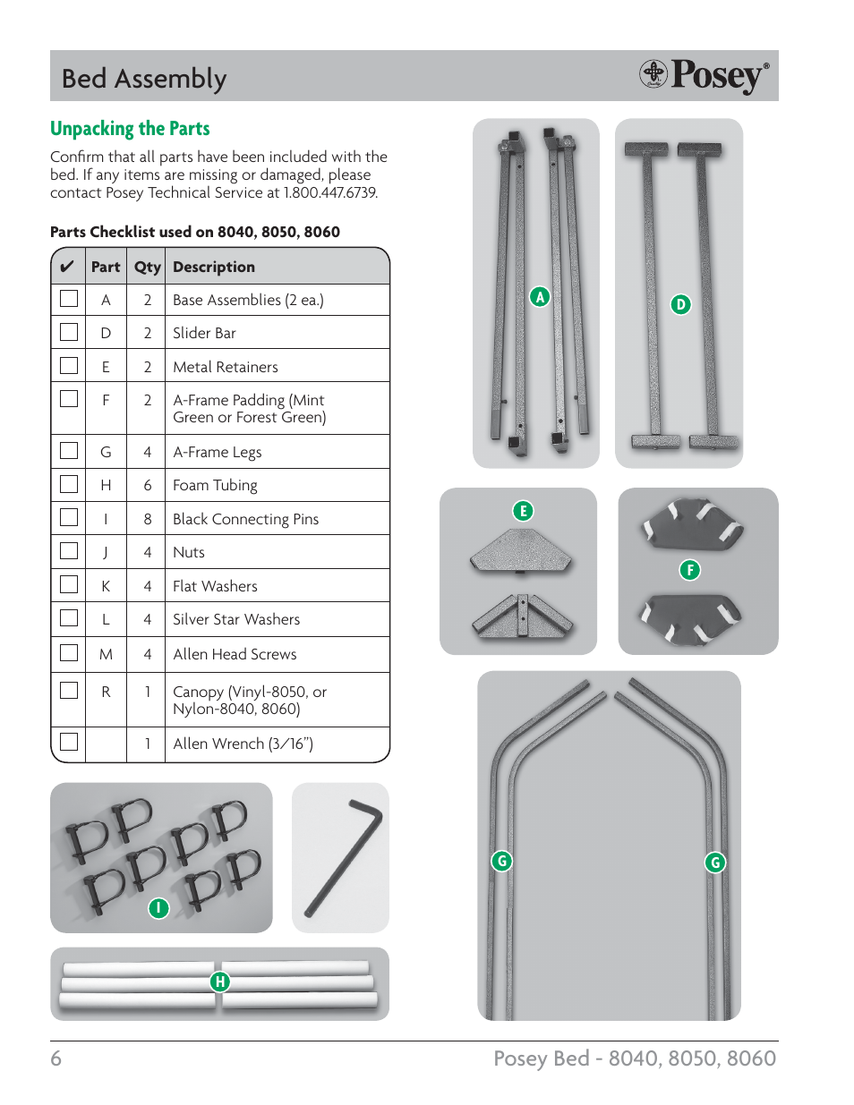 Bed assembly, Unpacking the parts | Posey Bed 8060 User Manual | Page 6 / 28