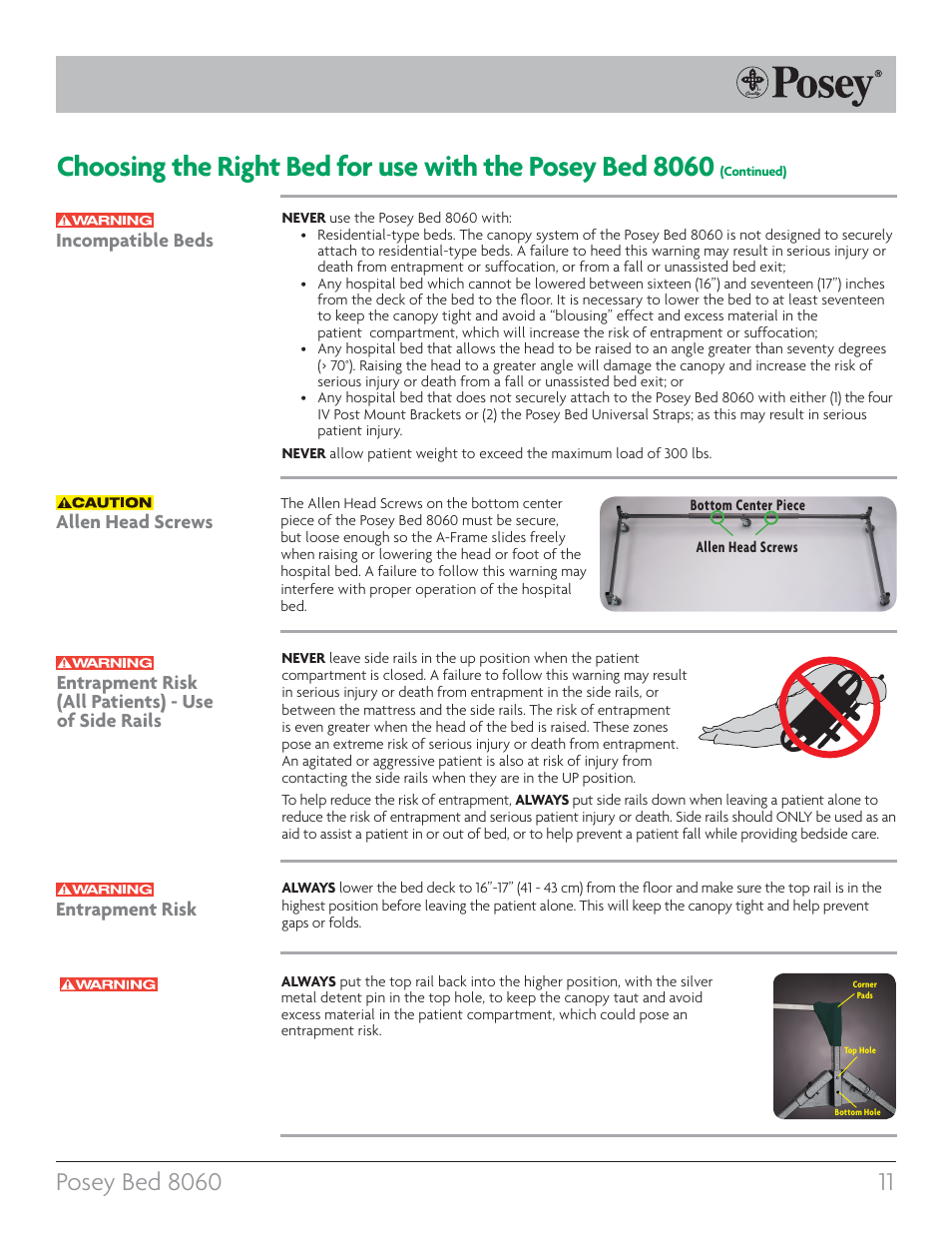 Entrapment risk (all patients) - use of side rails | Posey Bed 8060 User Manual | Page 11 / 40