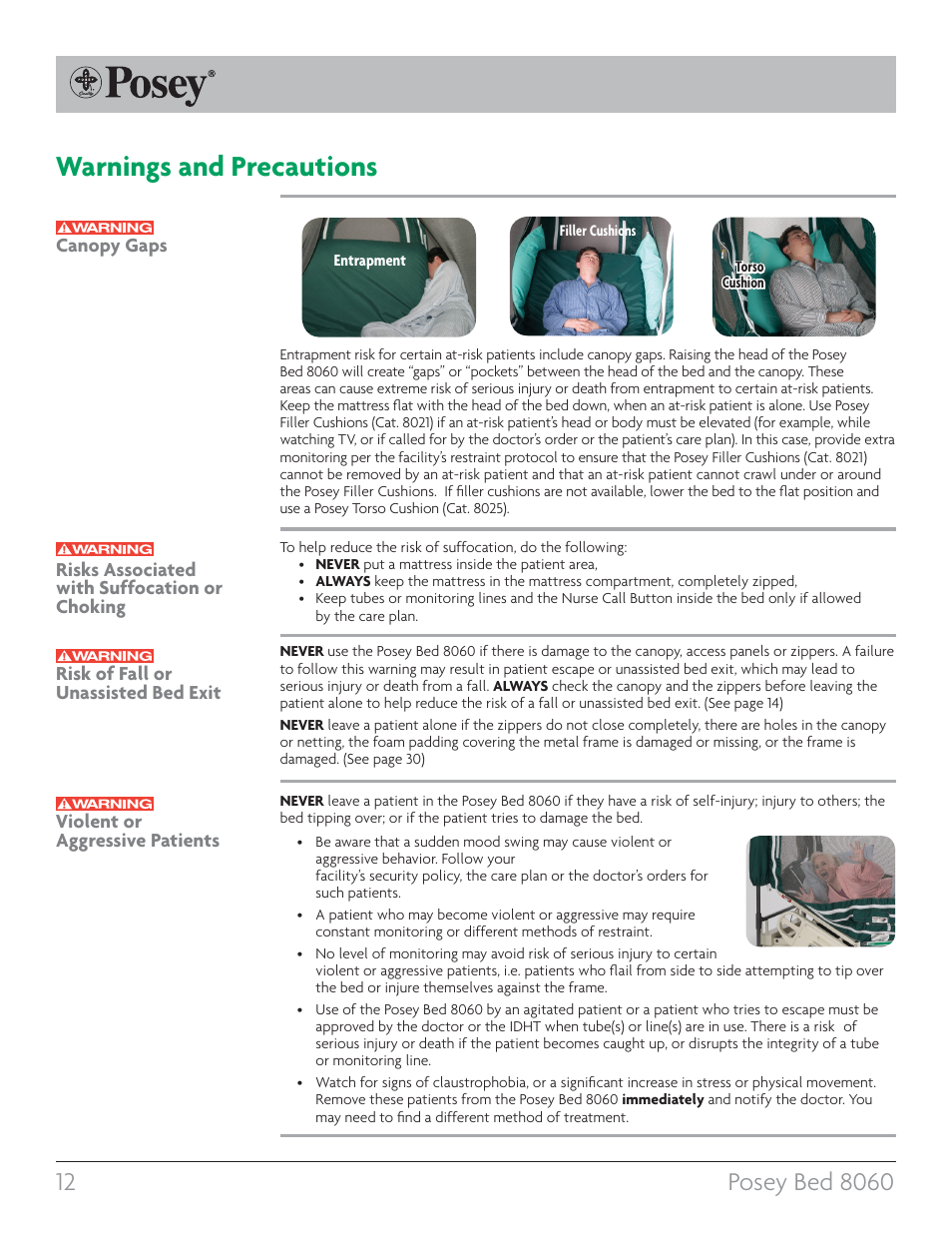 Warnings and precautions, Risks associated with suffocation or choking | Posey Bed 8060 User Manual | Page 12 / 40