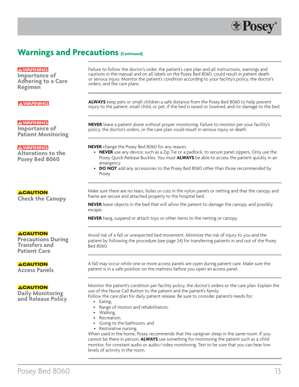 Warnings and precautions | Posey Bed 8060 User Manual | Page 13 / 40