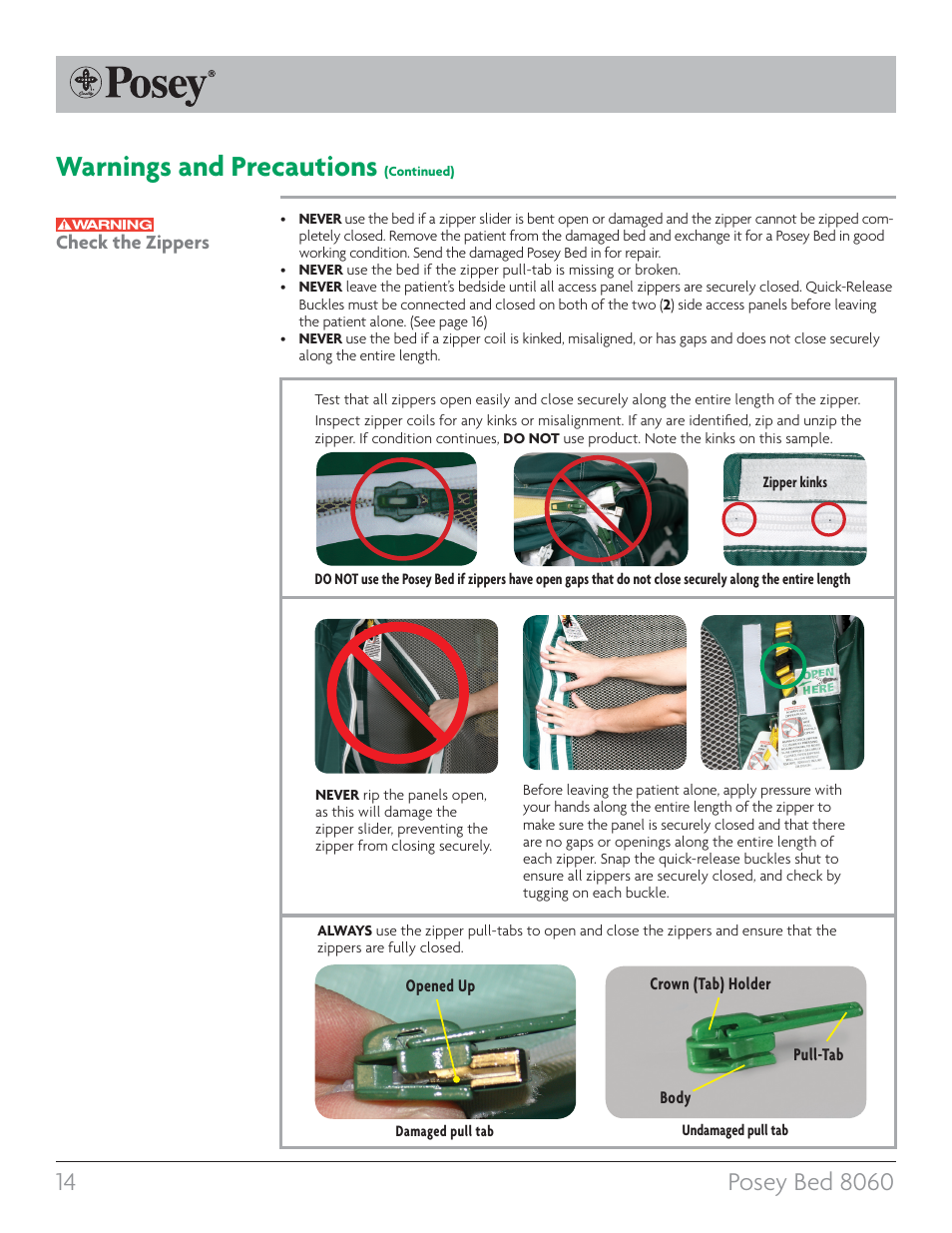 Warnings and precautions, Check the zippers | Posey Bed 8060 User Manual | Page 14 / 40