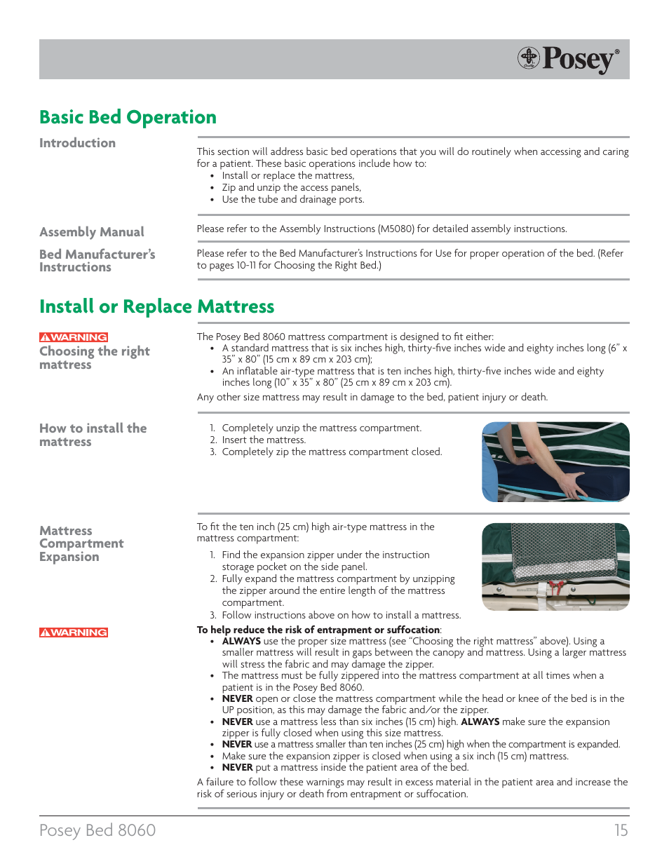 Basic bed operation, Install or replace mattress | Posey Bed 8060 User Manual | Page 15 / 40