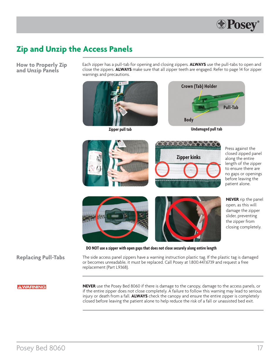 Zip and unzip the access panels | Posey Bed 8060 User Manual | Page 17 / 40