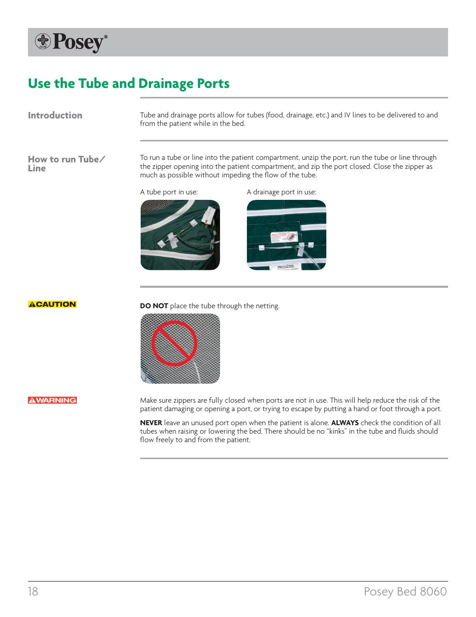 Use the tube and drainage ports, Introduction how to run tube/ line | Posey Bed 8060 User Manual | Page 18 / 40