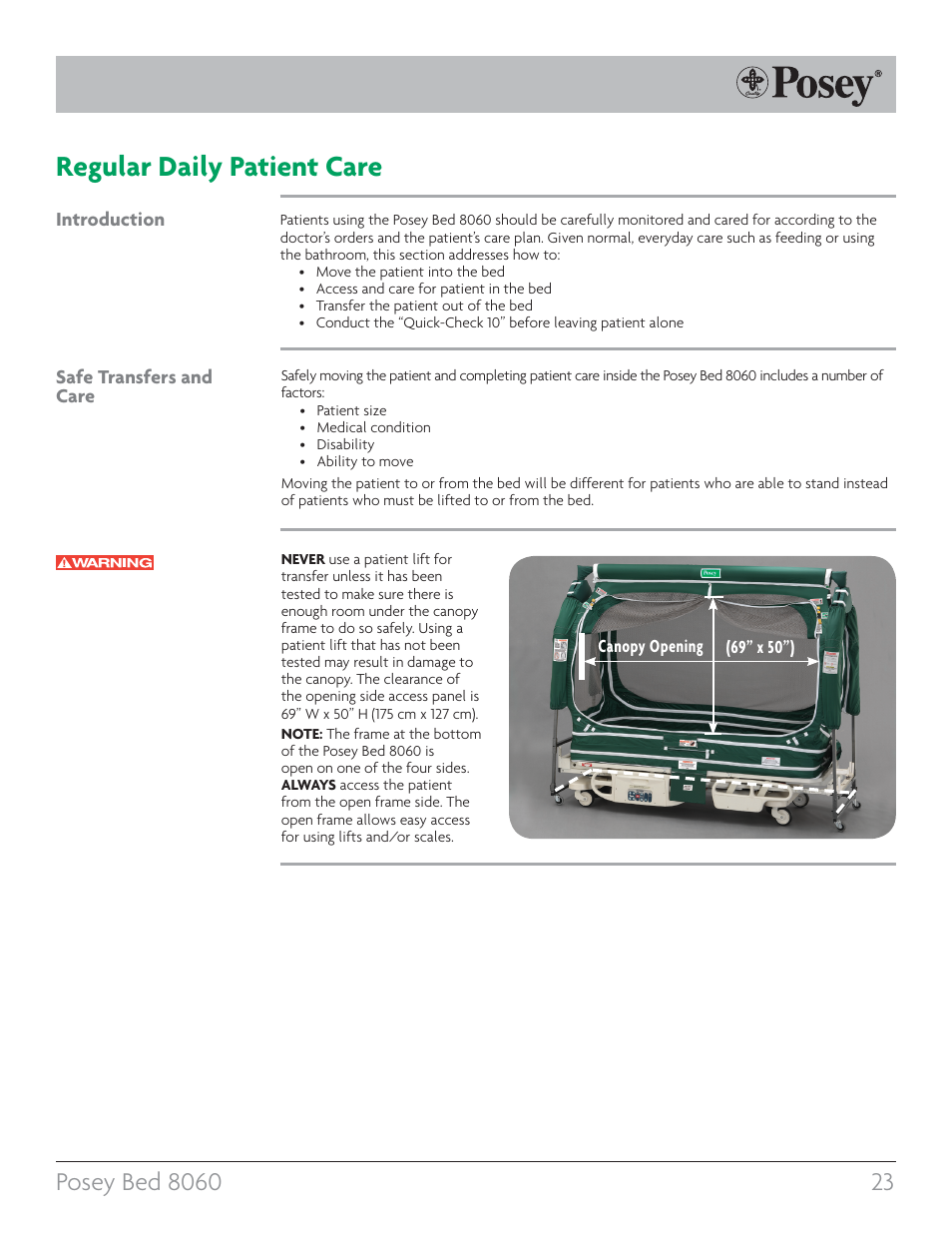 Regular daily patient care, Introduction safe transfers and care | Posey Bed 8060 User Manual | Page 23 / 40