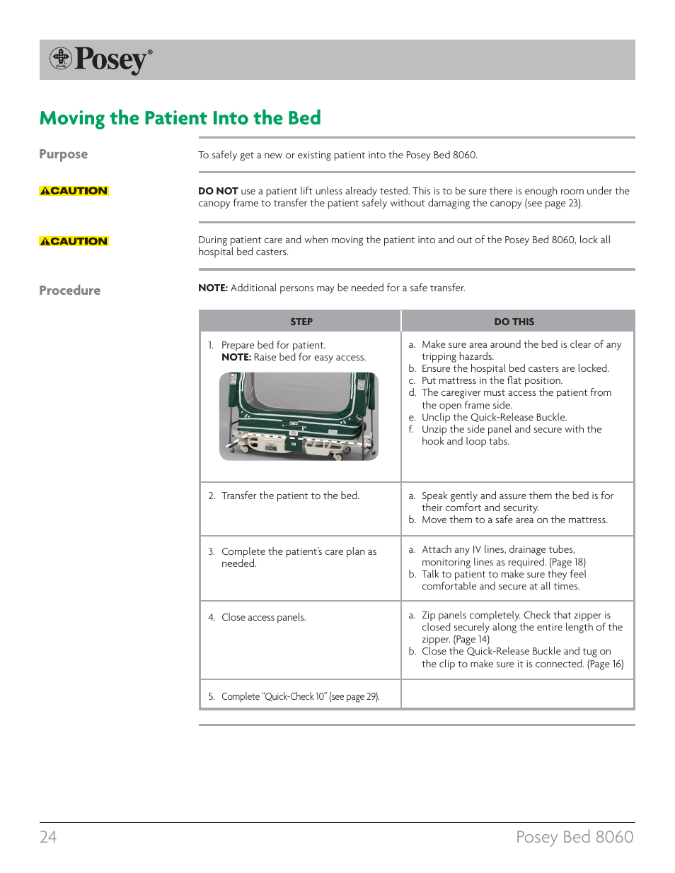 Moving the patient into the bed, Purpose, Procedure | Posey Bed 8060 User Manual | Page 24 / 40