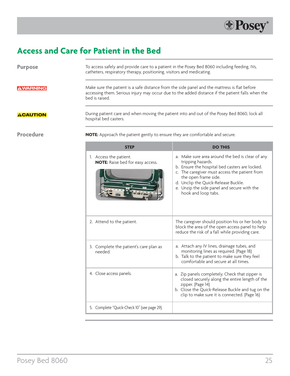 Access and care for patient in the bed, Purpose procedure | Posey Bed 8060 User Manual | Page 25 / 40