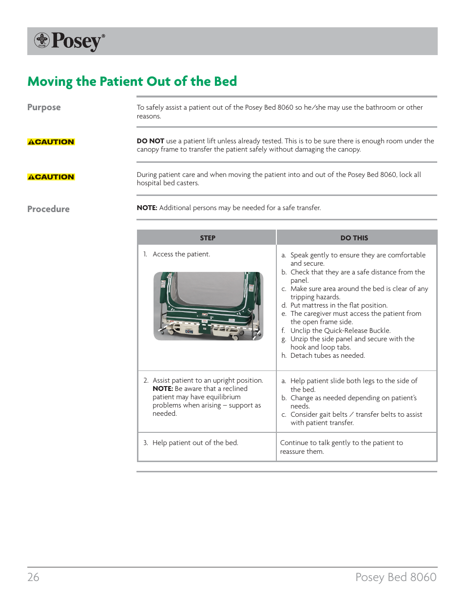Moving the patient out of the bed, Purpose procedure | Posey Bed 8060 User Manual | Page 26 / 40