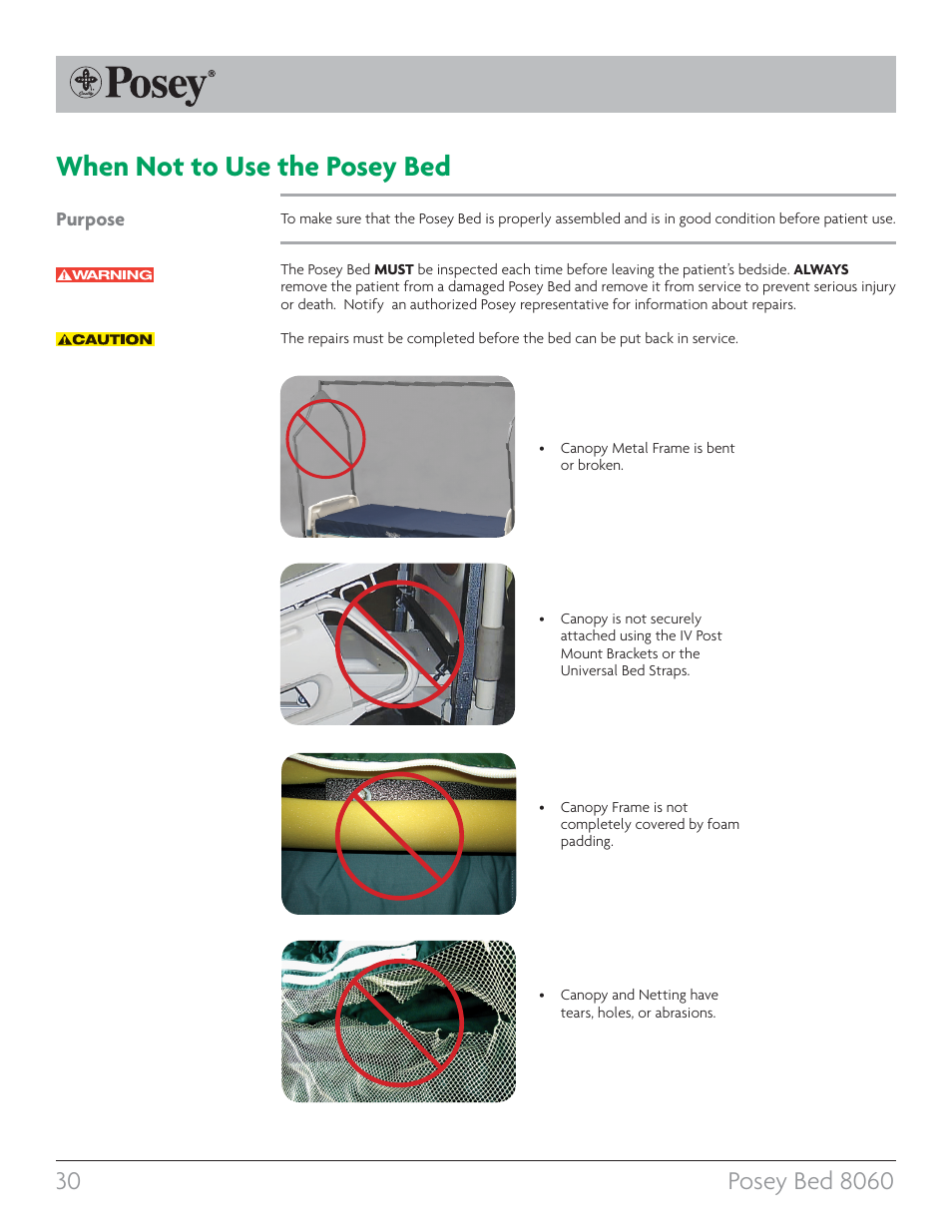 When not to use the posey bed, Purpose | Posey Bed 8060 User Manual | Page 30 / 40
