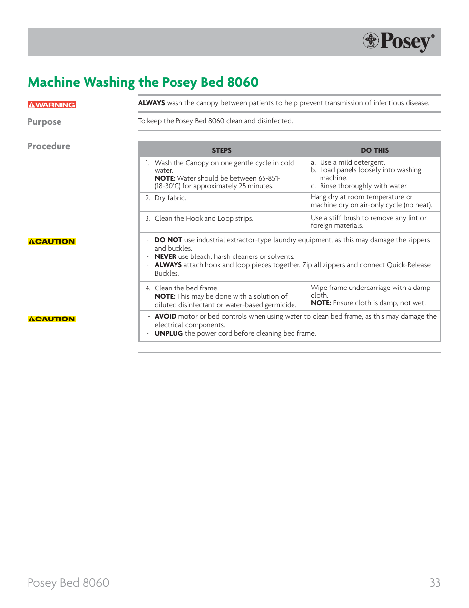 Machine washing the posey bed 8060, Purpose procedure | Posey Bed 8060 User Manual | Page 33 / 40
