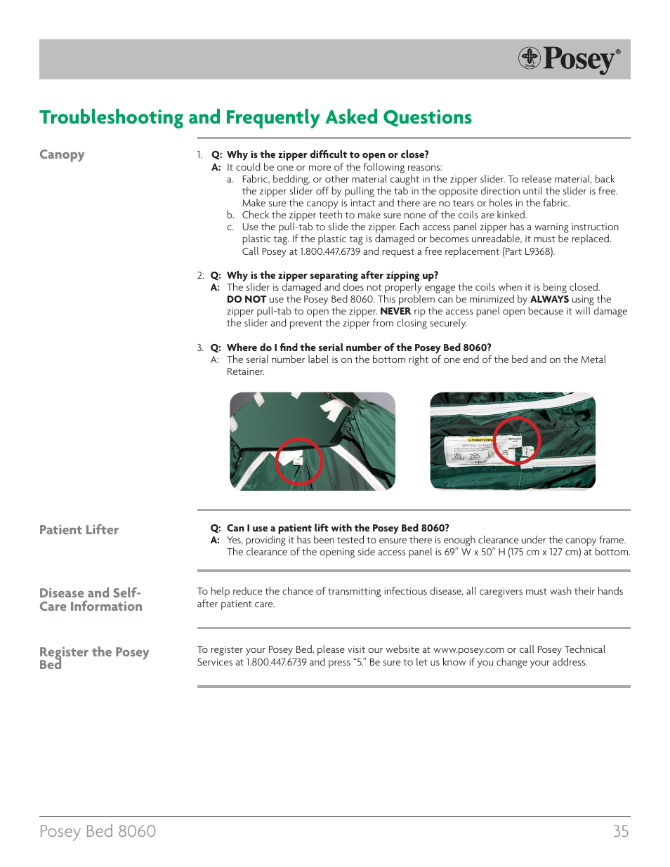 Troubleshooting and frequently asked questions | Posey Bed 8060 User Manual | Page 35 / 40