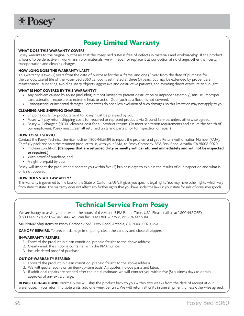 Technical service from posey, Posey limited warranty | Posey Bed 8060 User Manual | Page 36 / 40