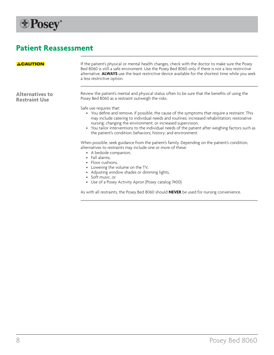 Patient reassessment, Alternatives to restraint use | Posey Bed 8060 User Manual | Page 8 / 40