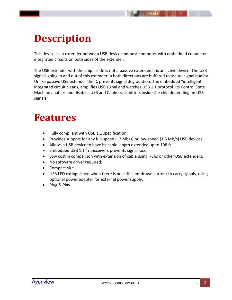 Description, Features | Avenview C5-USB-200 User Manual | Page 2 / 4