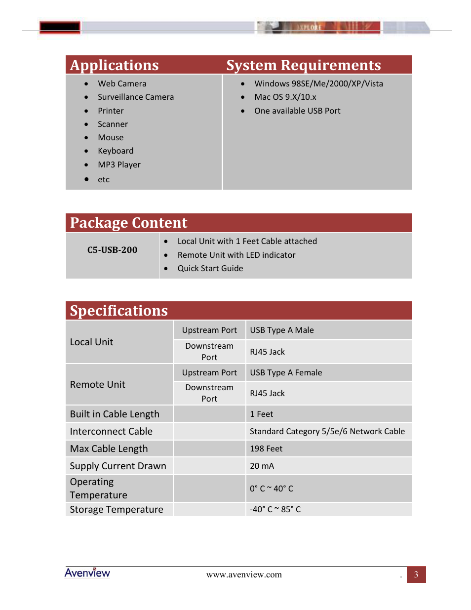Applications system requirements, Package content, Specifications | Avenview C5-USB-200 User Manual | Page 3 / 4