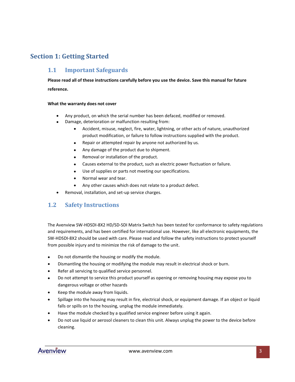 Section 1: getting started, Important safeguards, Safety instructions | 1 important safeguards, 2 safety instructions | Avenview SW-HDSDI-8X2 User Manual | Page 3 / 10