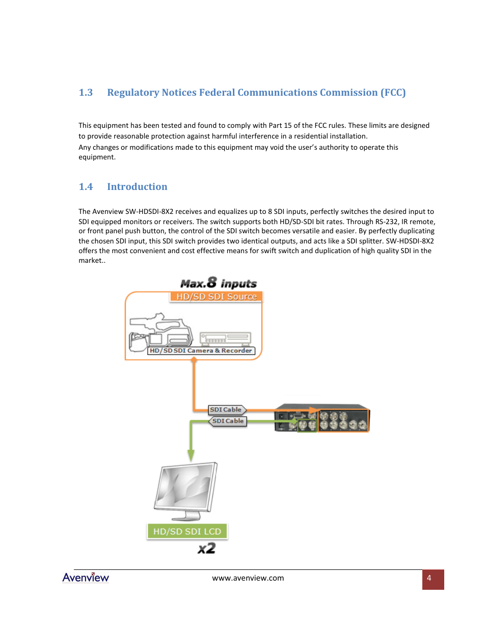 Introduction | Avenview SW-HDSDI-8X2 User Manual | Page 4 / 10