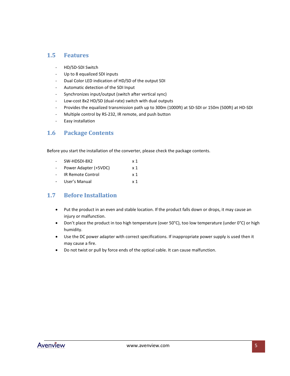 Features, Package contents, Before installation | 5 features, 6 package contents, 7 before installation | Avenview SW-HDSDI-8X2 User Manual | Page 5 / 10
